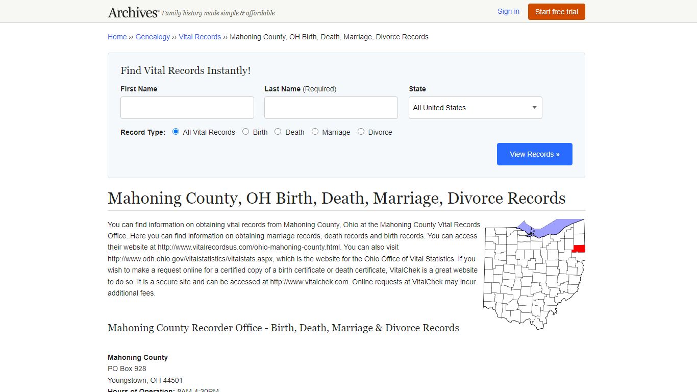 Mahoning County, OH Birth, Death, Marriage, Divorce Records