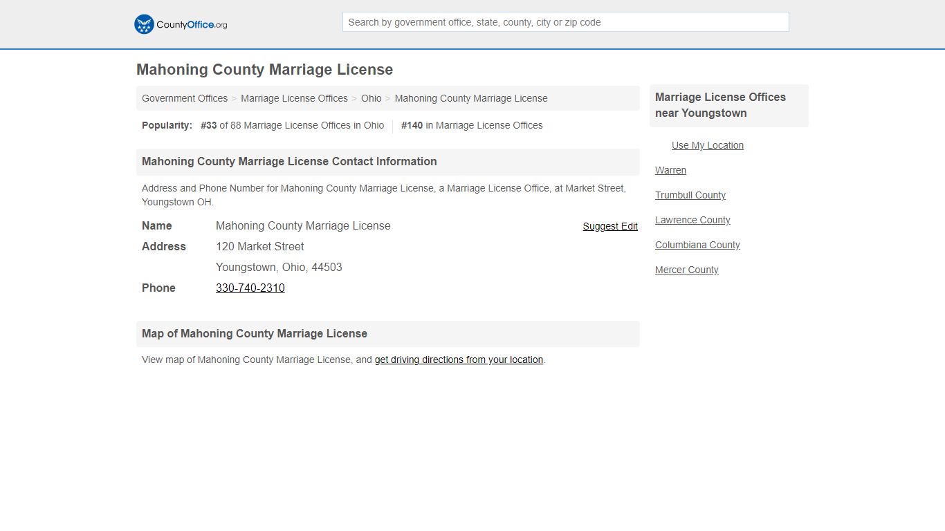 Mahoning County Marriage License - Youngstown, OH (Address ...
